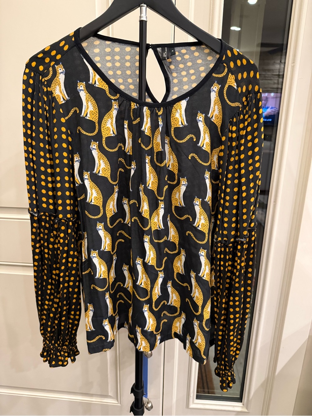 Women’s Black and Mustard Patterned Long-Sleeve Blouse